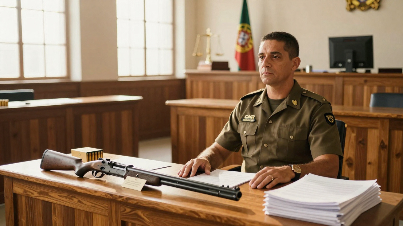 Polícia da GNR sentado à mesa com espingarda e pilha de documentos num tribunal com bandeira de Portugal.