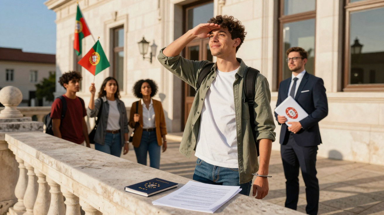 Estudante a olhar à distância junto a documentos, com grupo e professor junto a edifício académico em Portugal.