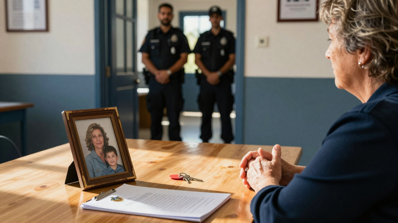 Mulher sentada à mesa com documentos, porta-chaves e foto antiga, com dois polícias ao fundo.