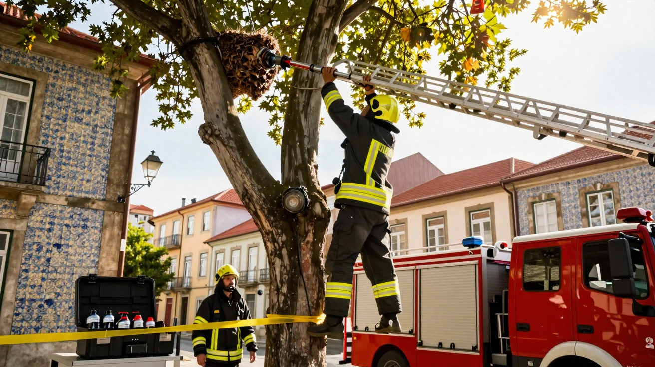 Bombeiros a remover um grande enxame de vespas de uma árvore numa rua urbana com carros e edifícios.