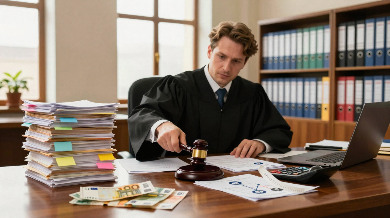 Homem de toga de juiz bate com malhete na mesa com pilha de documentos, dinheiro e laptop numa sala de tribunal.