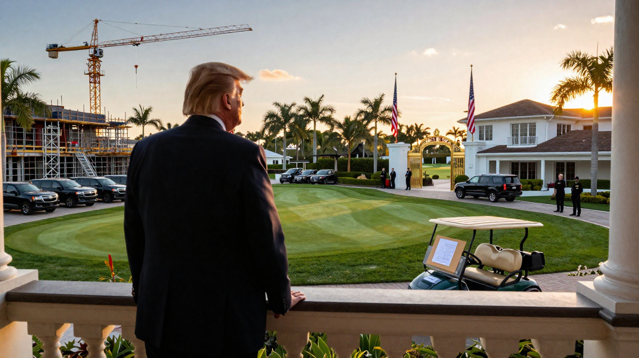 Homem de costas olha para campo de golfe e construção ao pôr do sol numa mansão com palmeiras.