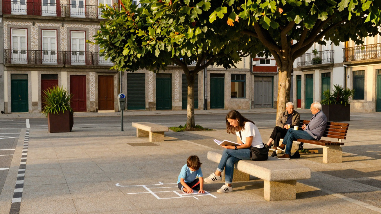 Praça urbana com árvores, bancos, criança a jogar ao elástico e adultos sentados a conversar ao sol.