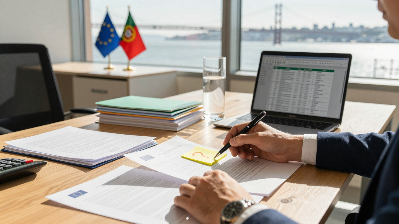 Pessoa a trabalhar num escritório com documentos, computador portátil e bandeiras da UE e Portugal no fundo.