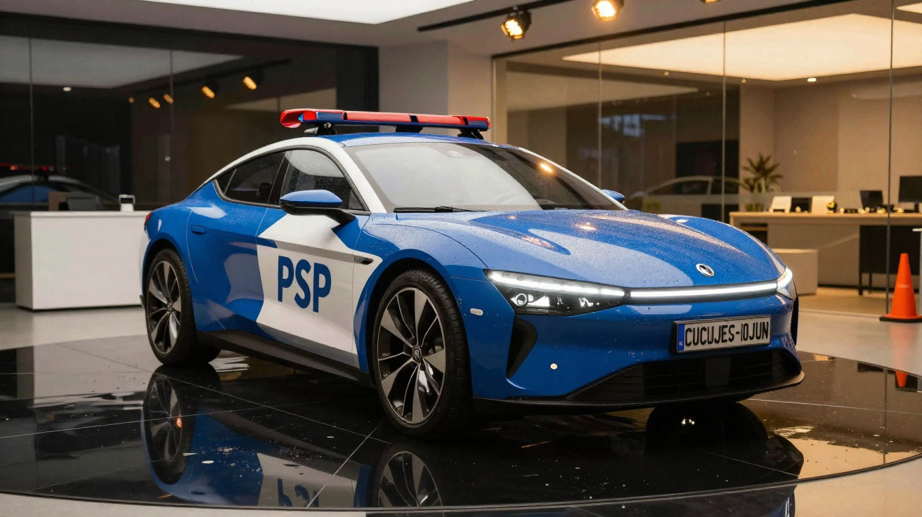 Carro policial azul da PSP com luzes de emergência, exposto num interior moderno e refletido no chão.