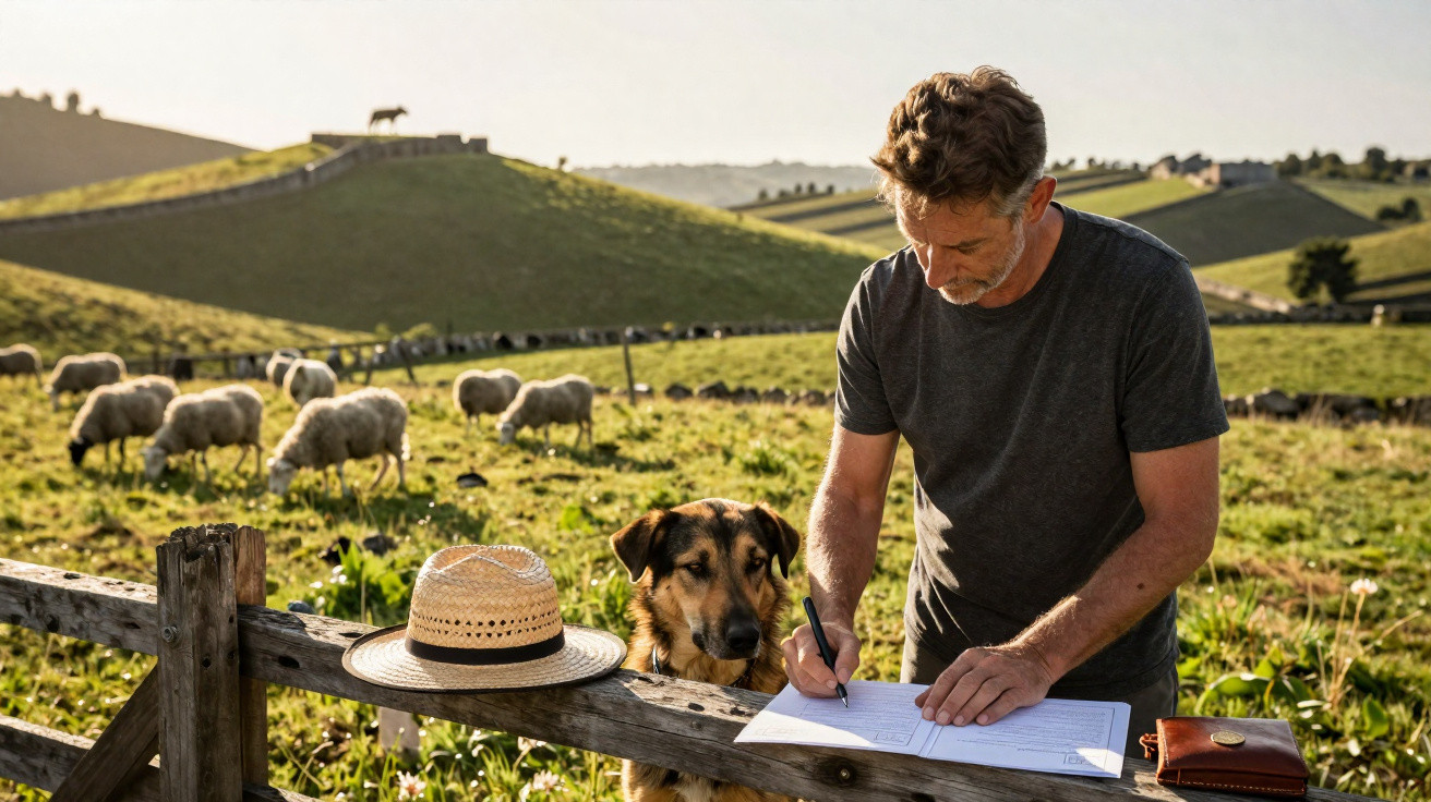 Homem escreve junto a cão em cerca de madeira numa pastagem com ovelhas ao fundo.