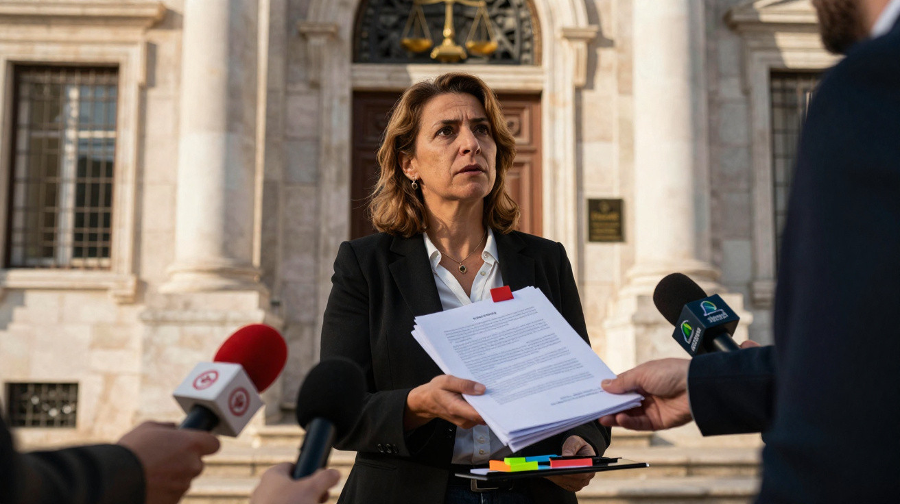 Mulher com blazer preto entrega documentos a jornalista, com microfones, em frente a edifício institucional.