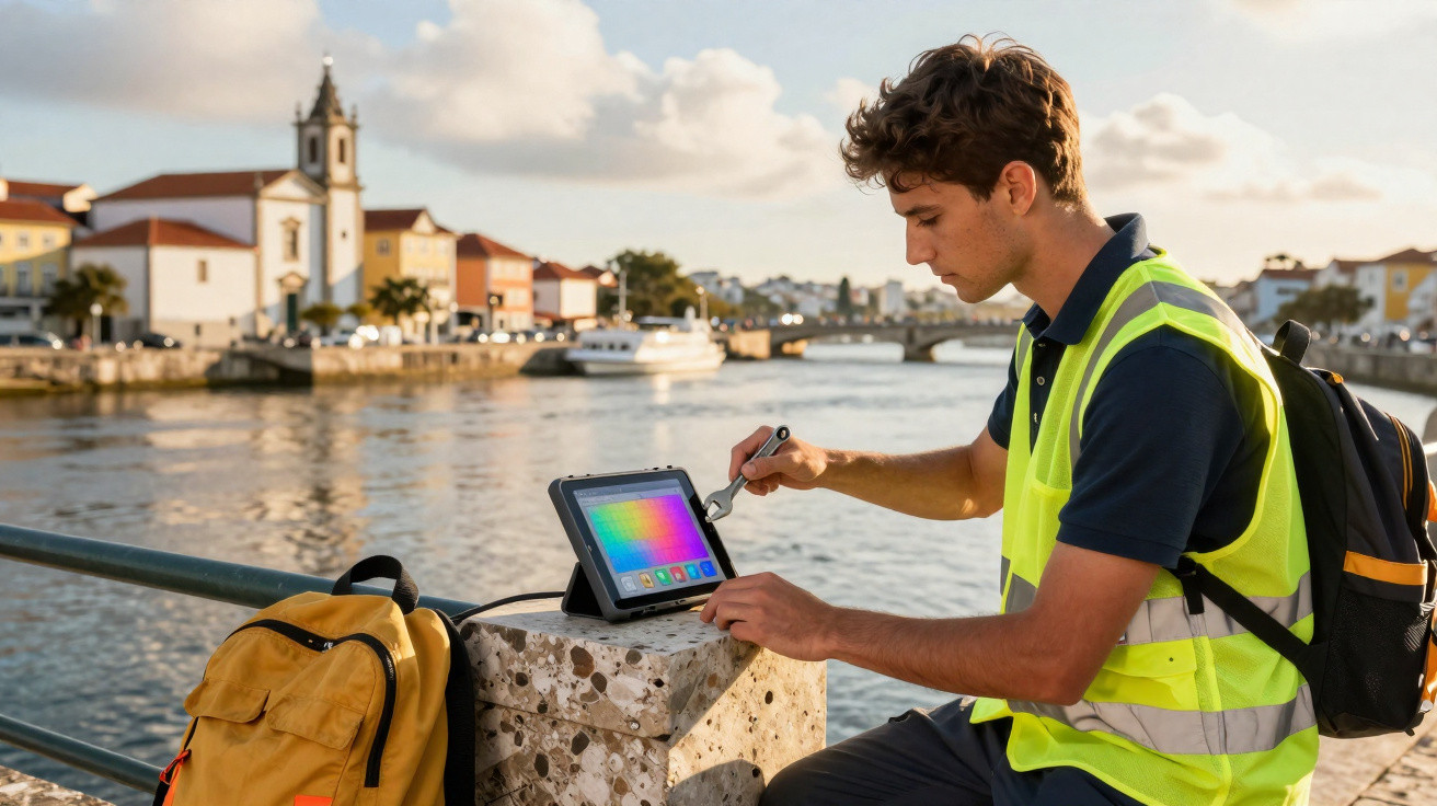 Jovem com colete refletor a usar tablet junto a rio numa cidade com igrejas e barcos ao fundo.