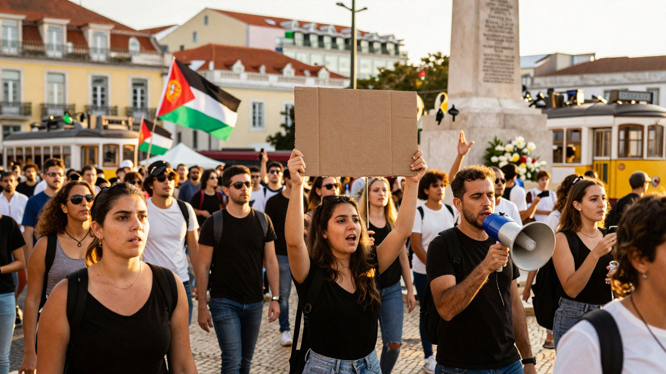 Manifestantes em Lisboa com placa vazia e bandeira de Portugal e Palestina numa manifestação pacífica.