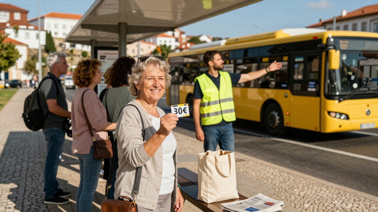 Mulher sénior mostra bilhete de 30 euros numa paragem de autocarro com outras pessoas e um autocarro amarelo ao fundo.