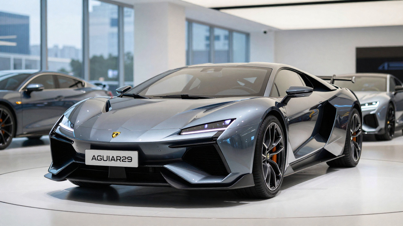 Lamborghini desportivo cinzento metálico em exposição numa sala moderna com outros carros ao fundo.