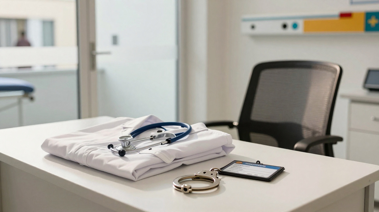 Mesa de consultório com bata branca, estetoscópio azul, algemas e crachá médico.