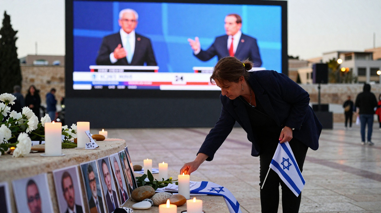 Mulher acende vela em memorial com fotos e bandeiras de Israel, com debate político a acontecer em ecrã gigante ao fundo.