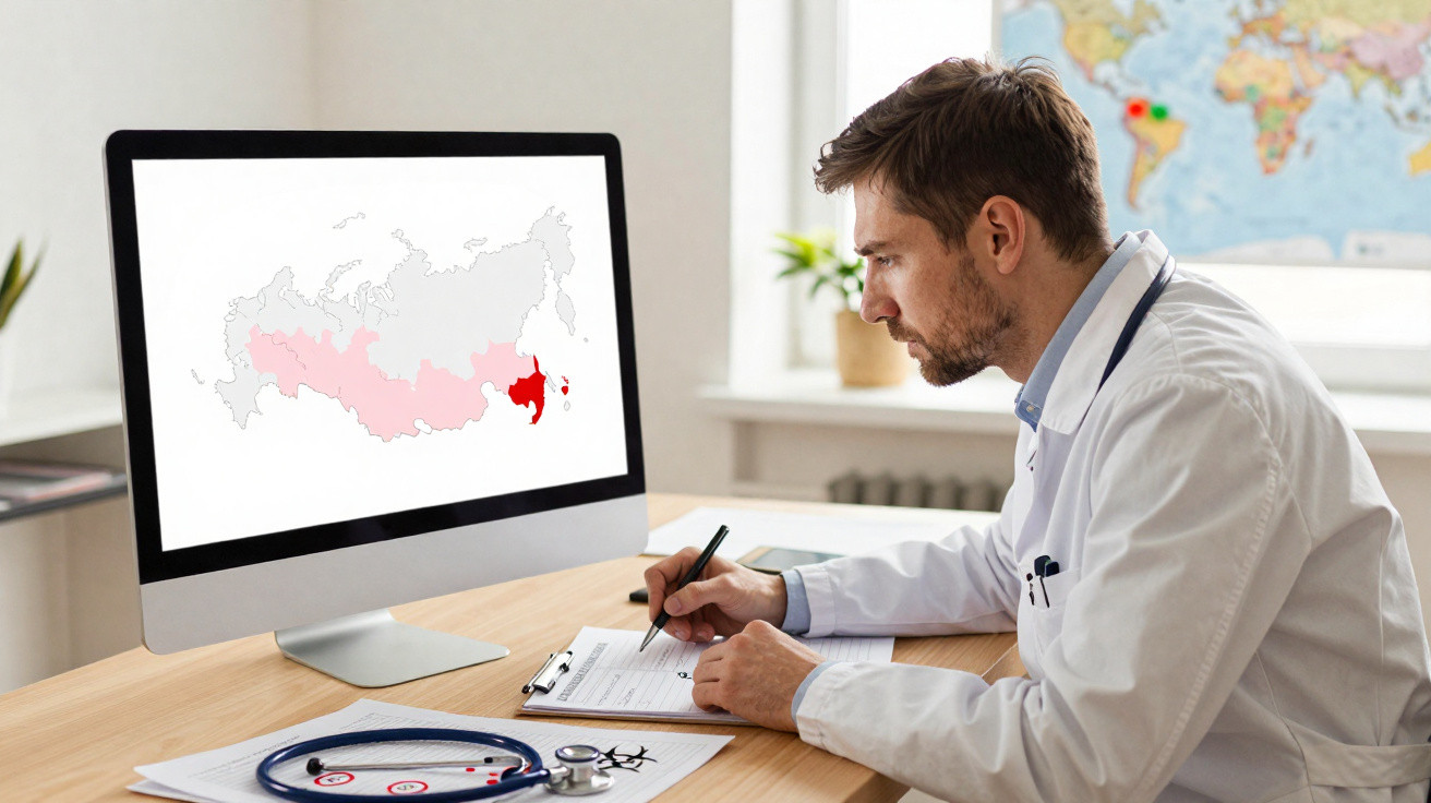 Homem com bata branca a analisar mapa colorido num computador numa sala de consultório médico.