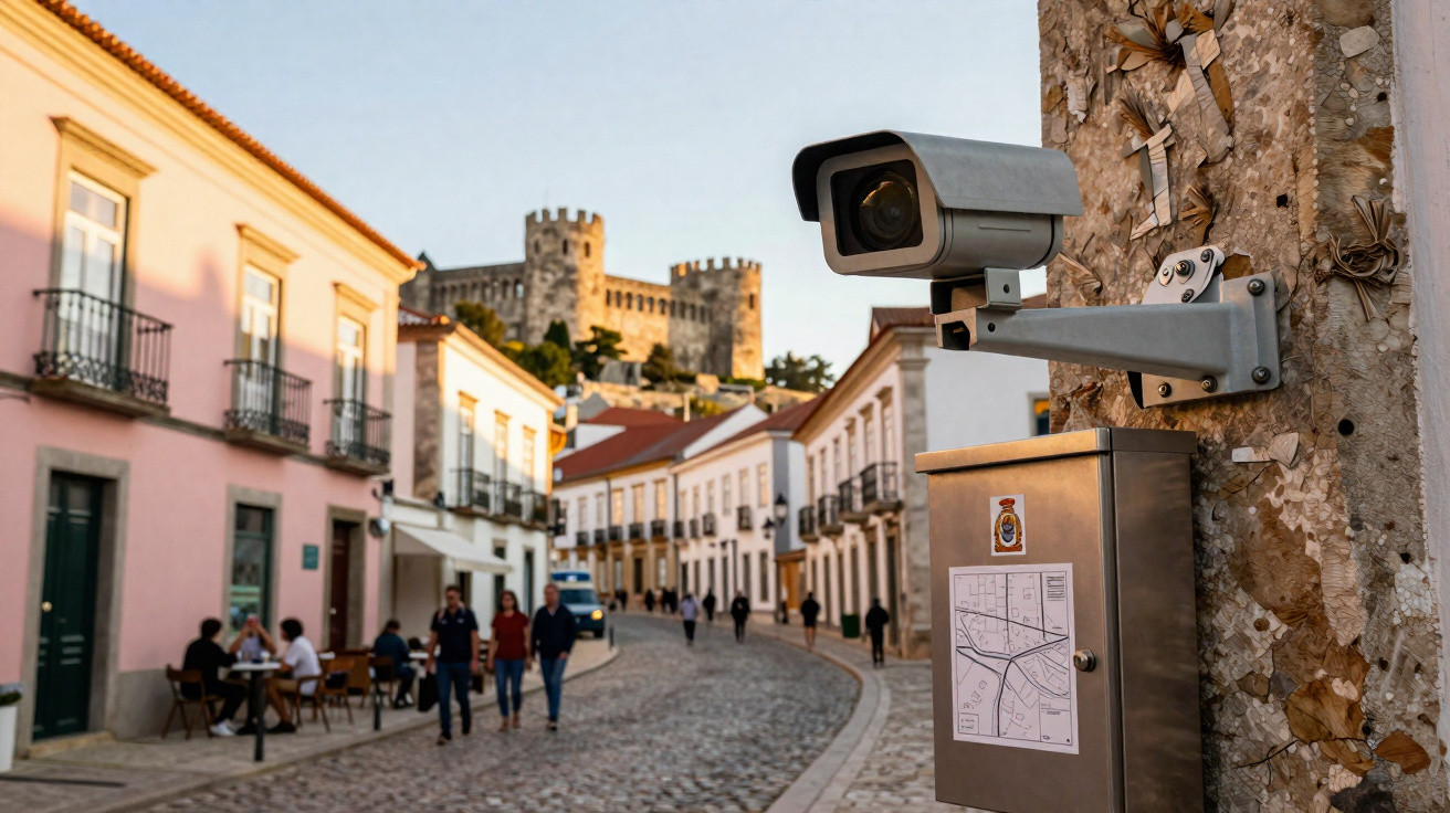 Câmara de segurança numa rua histórica com pessoas a caminhar e castelo ao fundo ao pôr do sol.