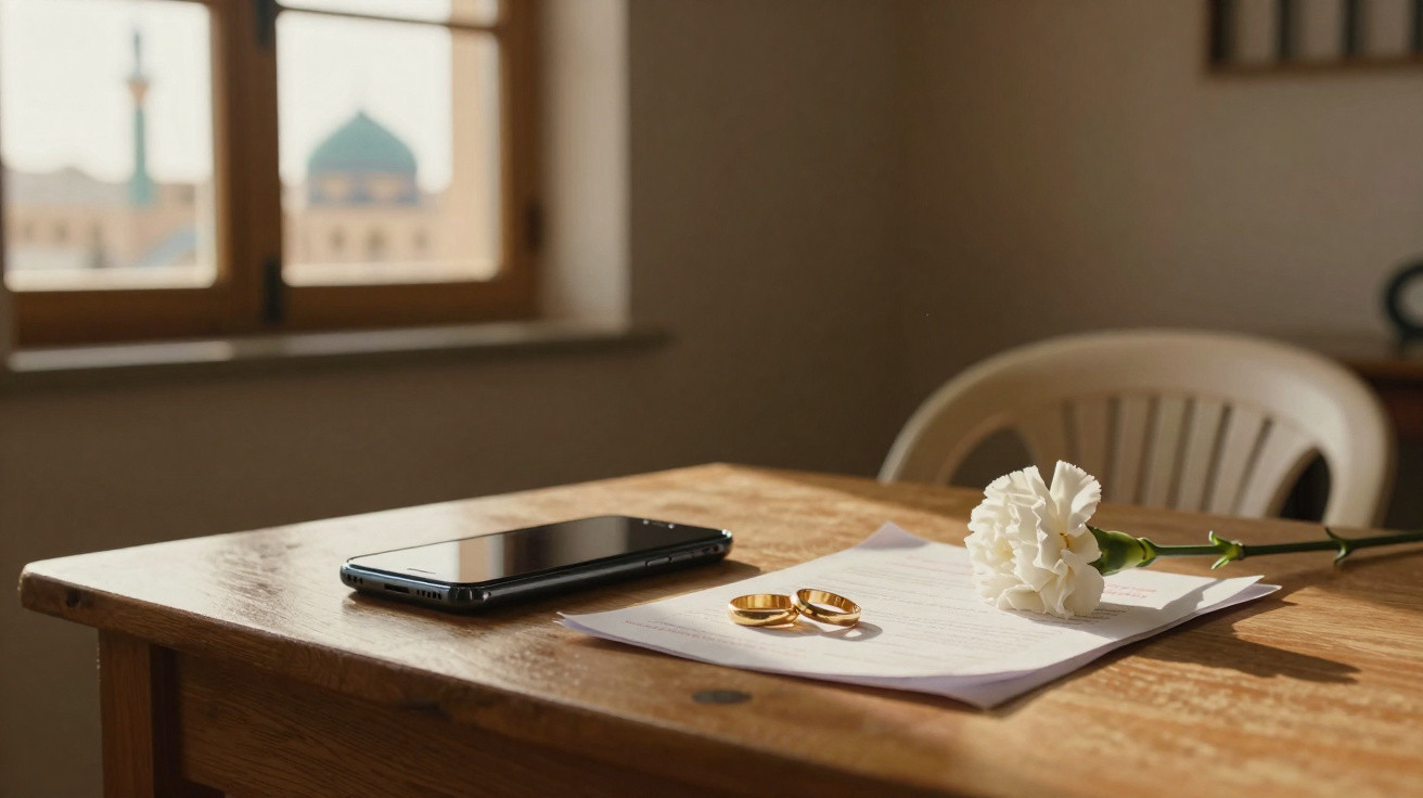 Mesa de madeira com telemóvel, documentos, duas alianças douradas e uma flor branca junto a uma janela aberta.