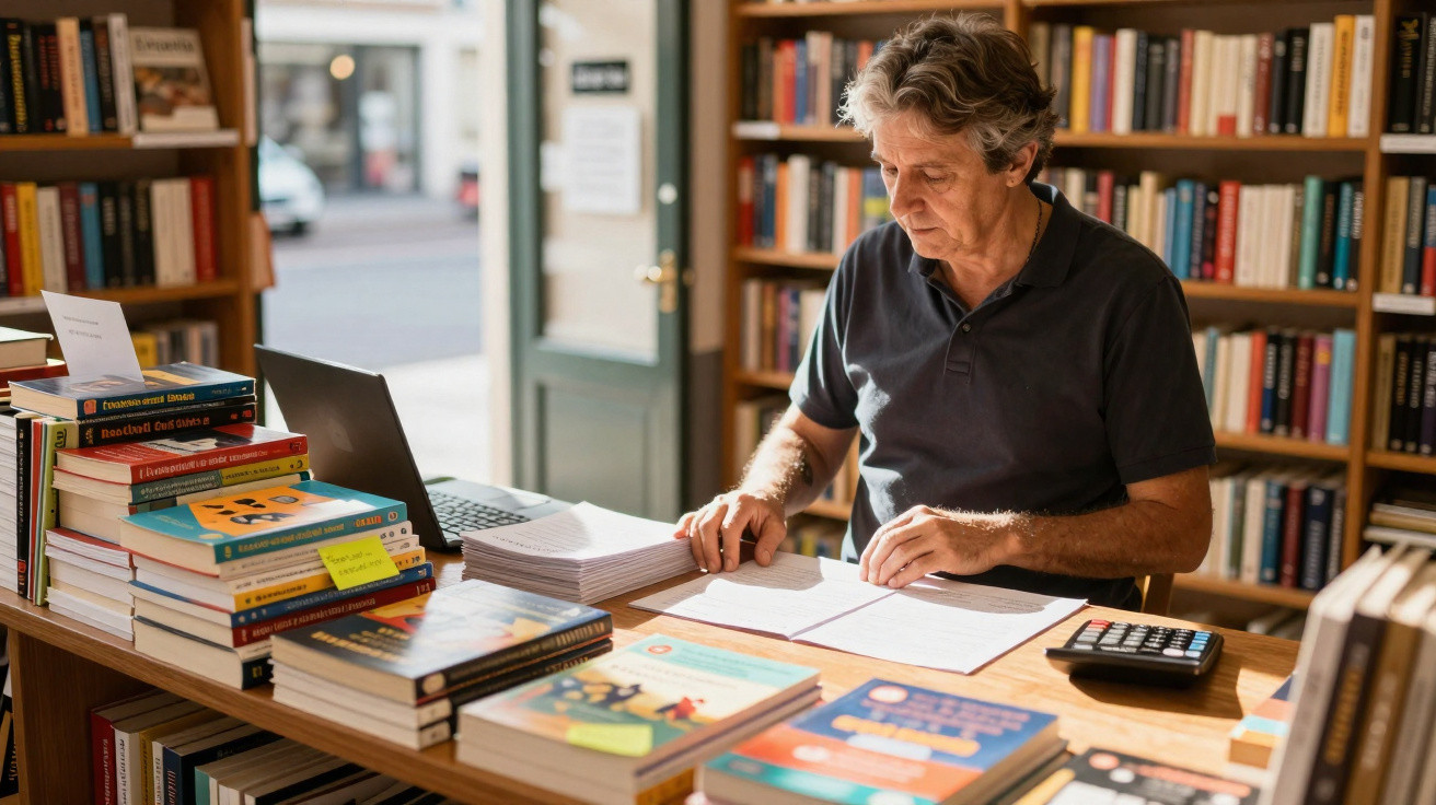 Homem a ler documentos sentado numa mesa de biblioteca com livros e computador portátil.