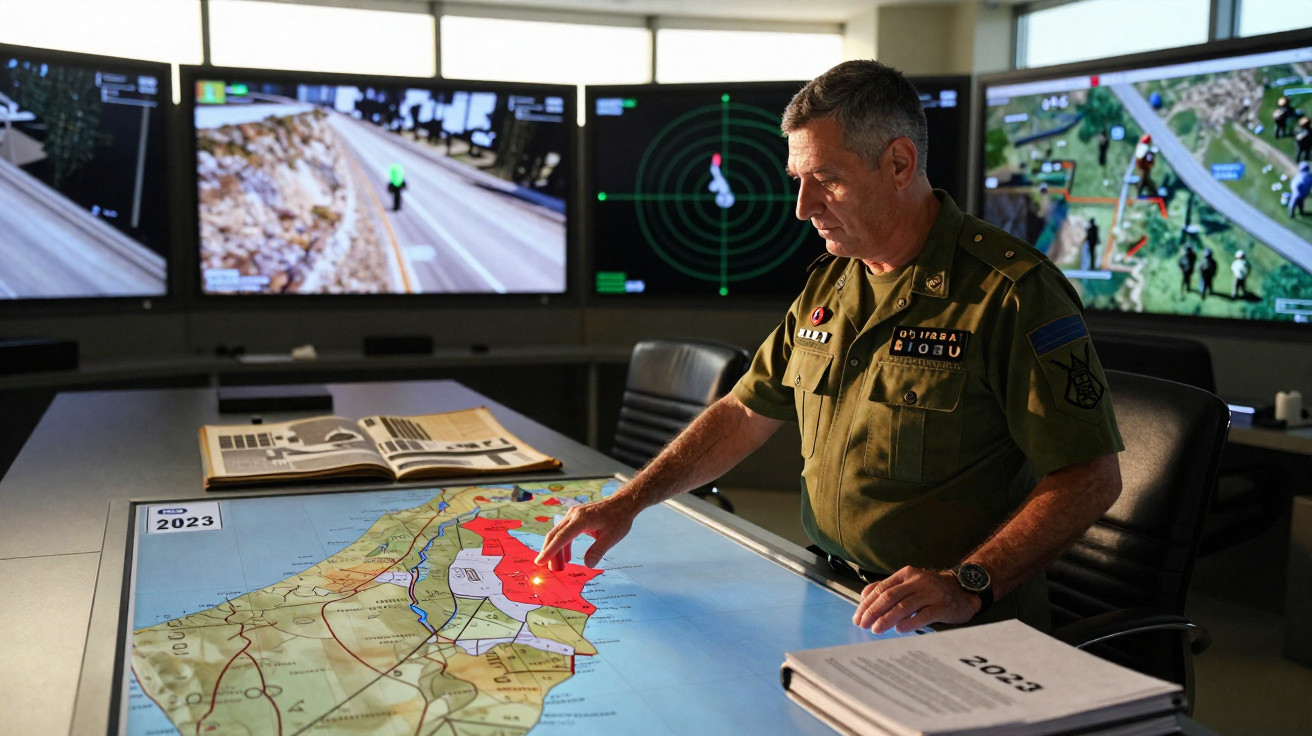 Homem em uniforme militar aponta para um mapa digital numa sala de controlo com vários ecrãs ao fundo.