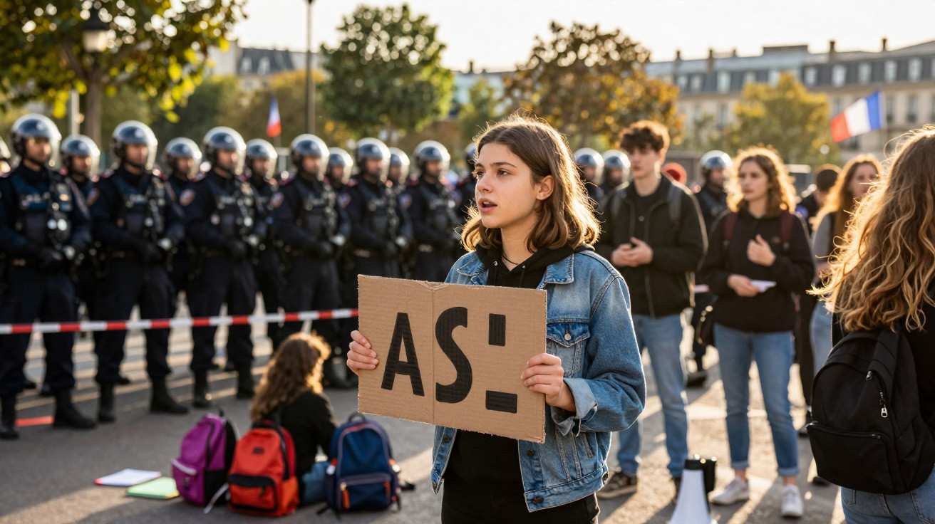 Jovem com placa em manifestação, frente a fila de polícias e pessoas em fundo urbano ao pôr do sol.