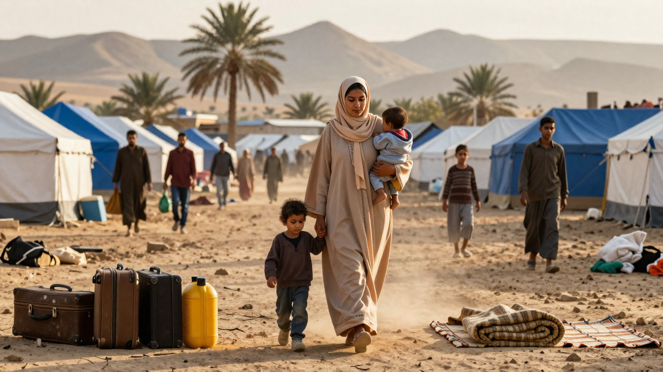Mulher muçulmana com duas crianças caminha entre tendas num campo de refugiados em zona árida e montanhosa.