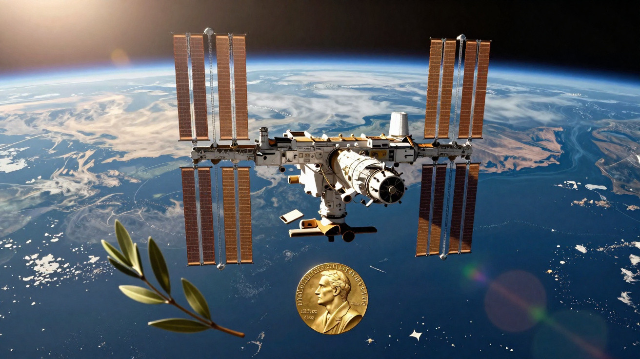 Estação Espacial Internacional em órbita da Terra, com ramo de oliveira e medalha Nobel sobreposta.