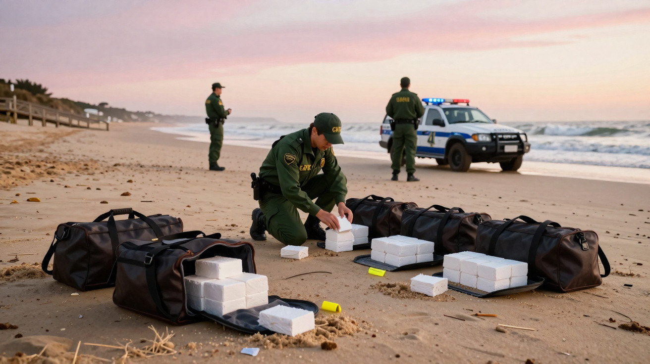 Agente da guarda costeira organiza pacotes brancos e sacos na praia ao pôr do sol, com viatura polícia ao fundo.