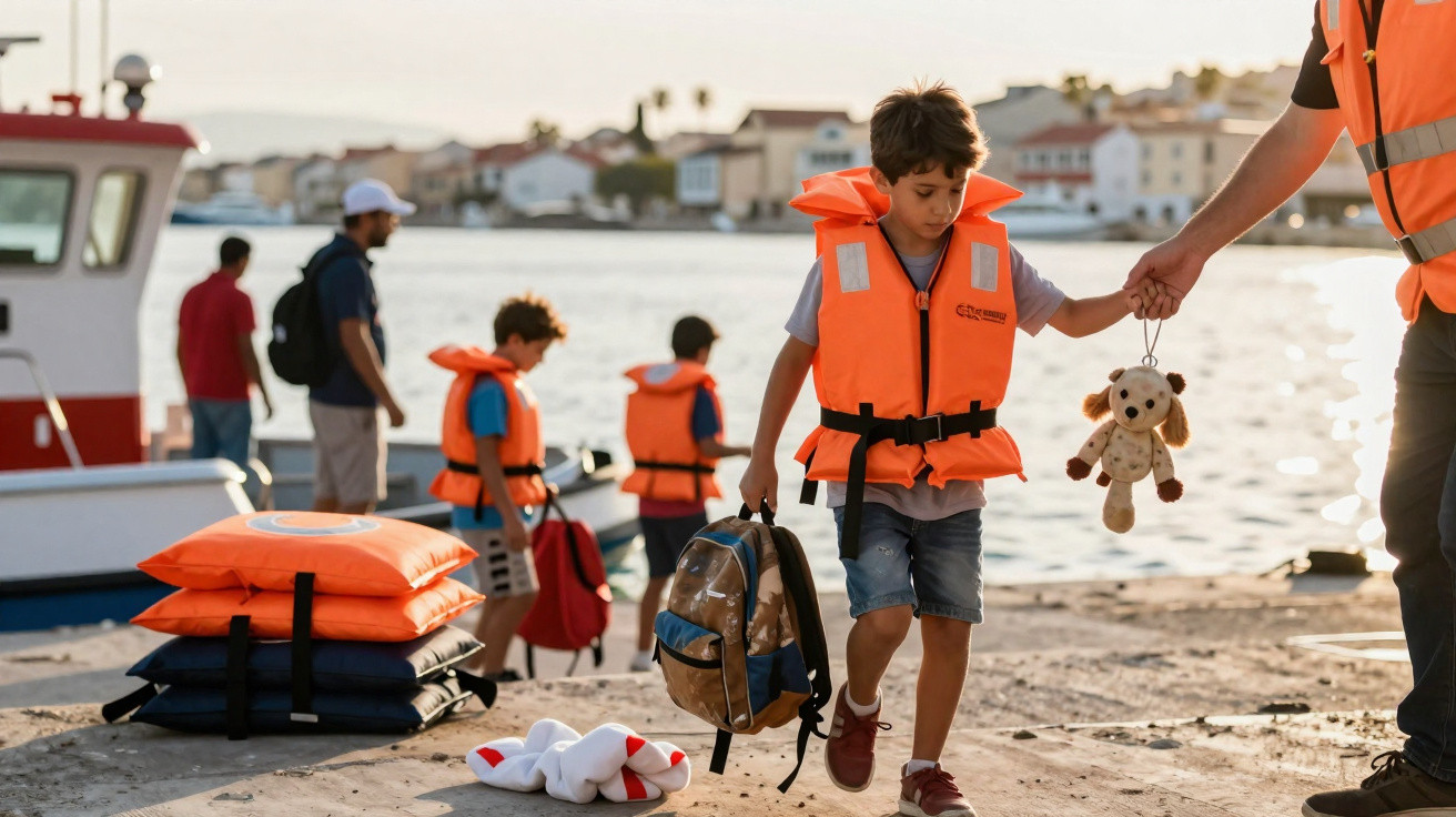 Crianças com coletes salva-vidas desembarcando de barco, uma segura uma mochila e um brinquedo de peluche.