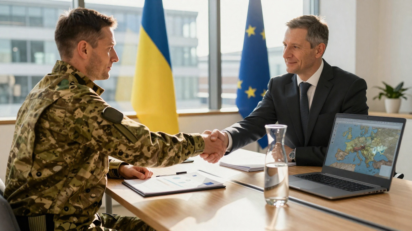 Militar e diplomata apertam as mãos numa reunião com bandeiras da Ucrânia e União Europeia ao fundo.