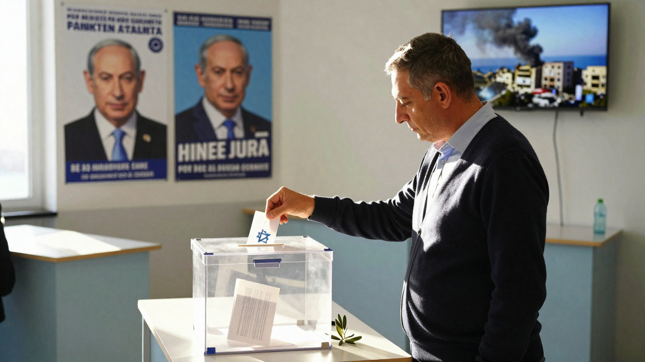 Homem a votar numa urna transparente numa sala com cartazes políticos e televisão a mostrar explosão.
