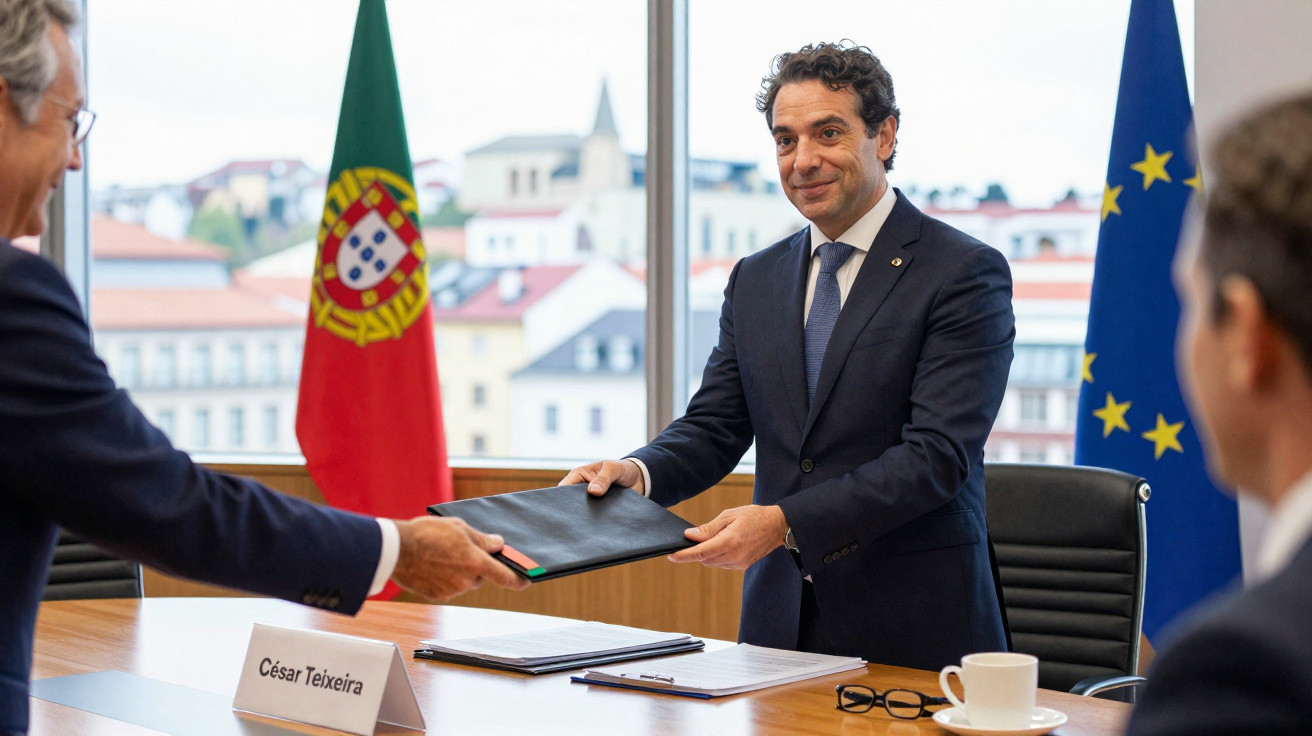 Homem de fato a entregar pasta a outro numa sala com bandeiras de Portugal e UE ao fundo.
