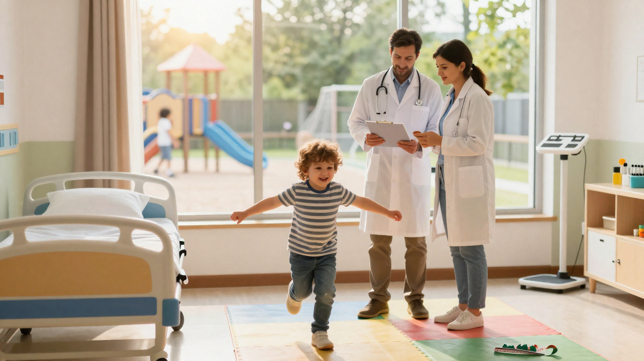 Criança feliz a brincar num quarto de hospital com dois médicos a observarem e conversarem.