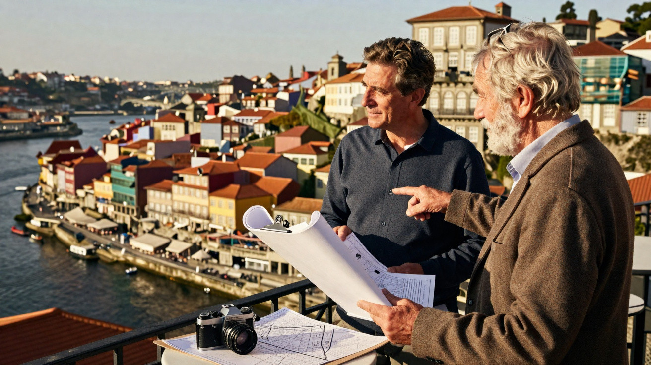 Dois homens a analisar plantas num terraço com vista para o rio e casas coloridas numa cidade à beira-rio.