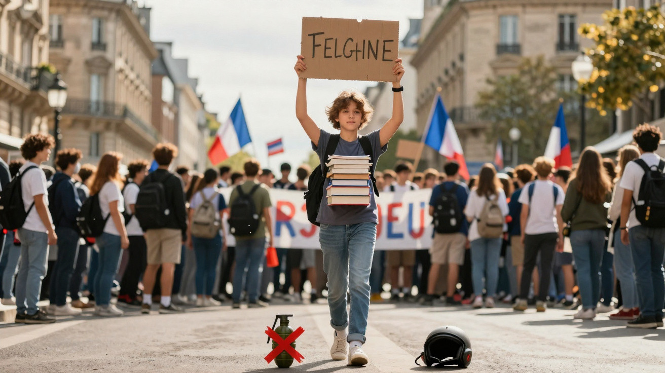 Jovem com livros e cartaz numa manifestação numa rua com pessoas e bandeiras ao fundo.