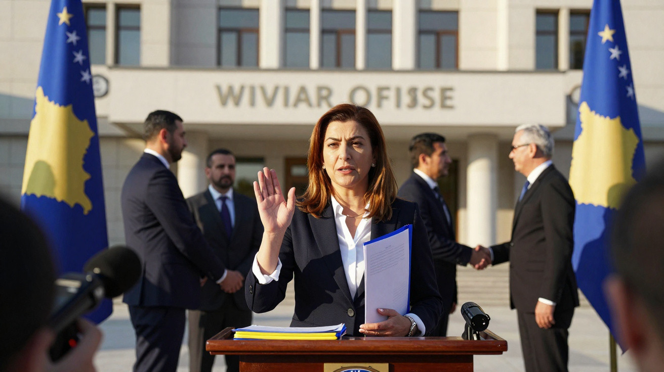 Mulher a prestar juramento em cerimónia oficial com bandeiras do Kosovo ao fundo, rodeada por homens de fato.