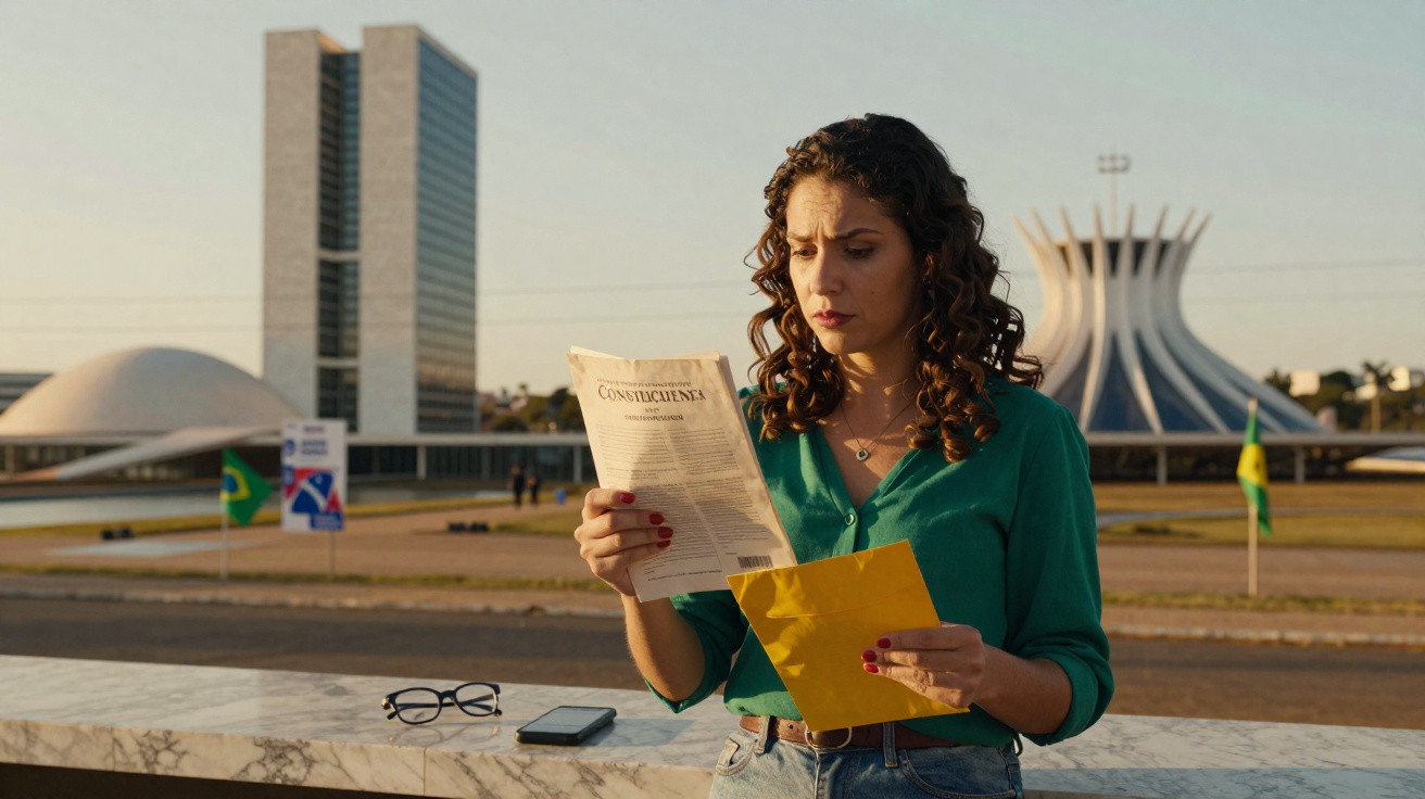 Mulher de cabelos encaracolados lê documento em frente ao Congresso Nacional do Brasil ao pôr do sol.