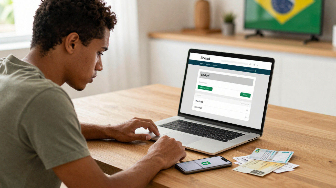 Homem sentado à mesa a usar laptop com tradução online aberta, telemóvel e documentos à sua frente.