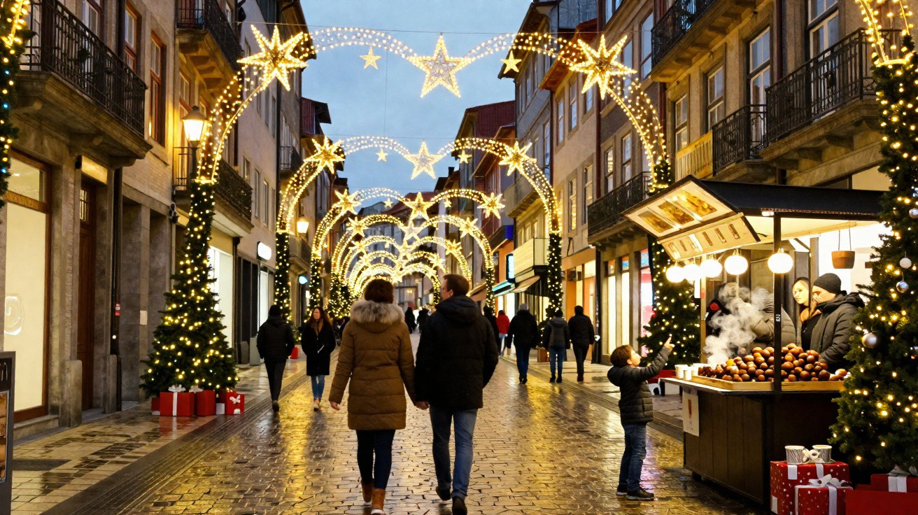 Rua decorada com luzes de Natal em forma de estrelas, pessoas a passear e barracas com castanhas quentes.