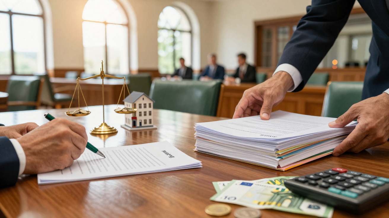 Profissionais negociam contrato imobiliário com balança da justiça, dinheiro e miniatura de casa numa mesa.