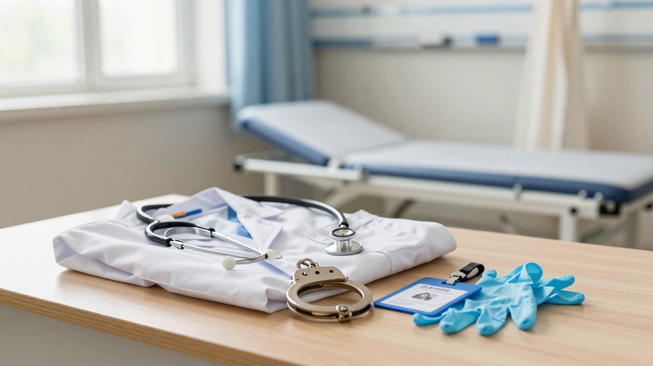 Jaleco, estetoscópio, algemas, luvas de exame e crachá sobre mesa em consultório médico.