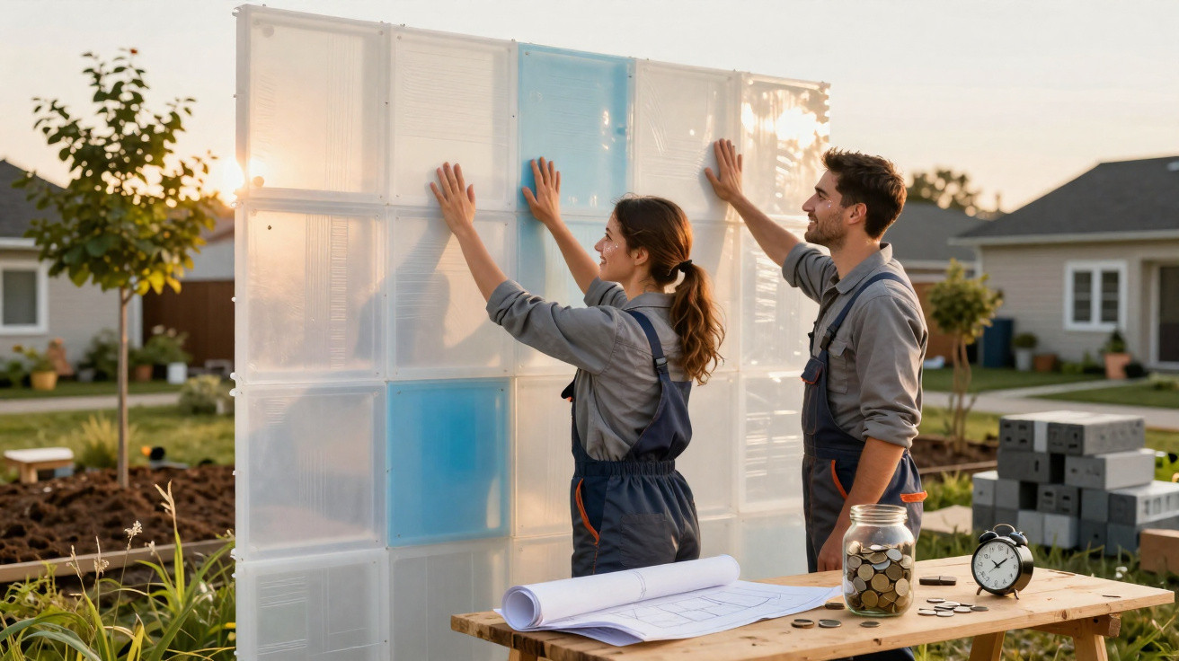 Dois trabalhadores a instalar painéis transparentes num jardim residencial ao entardecer.
