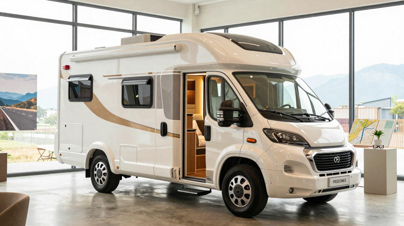 Autocaravana branca estacionada em espaço interior moderno com janelas amplas e luz natural.