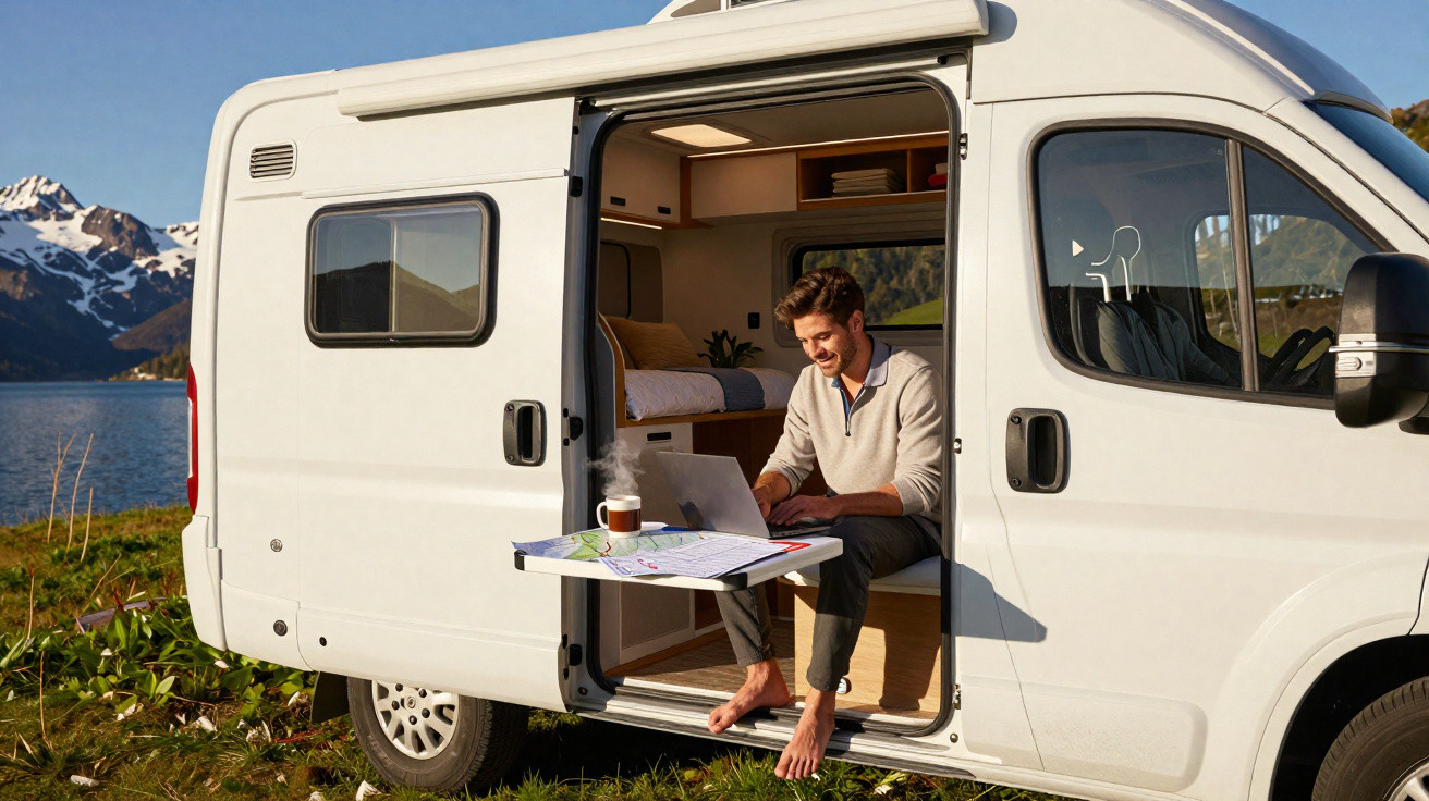 Homem sentado na entrada de uma autocaravana branca, trabalhando num portátil com vista para montanha e lago.