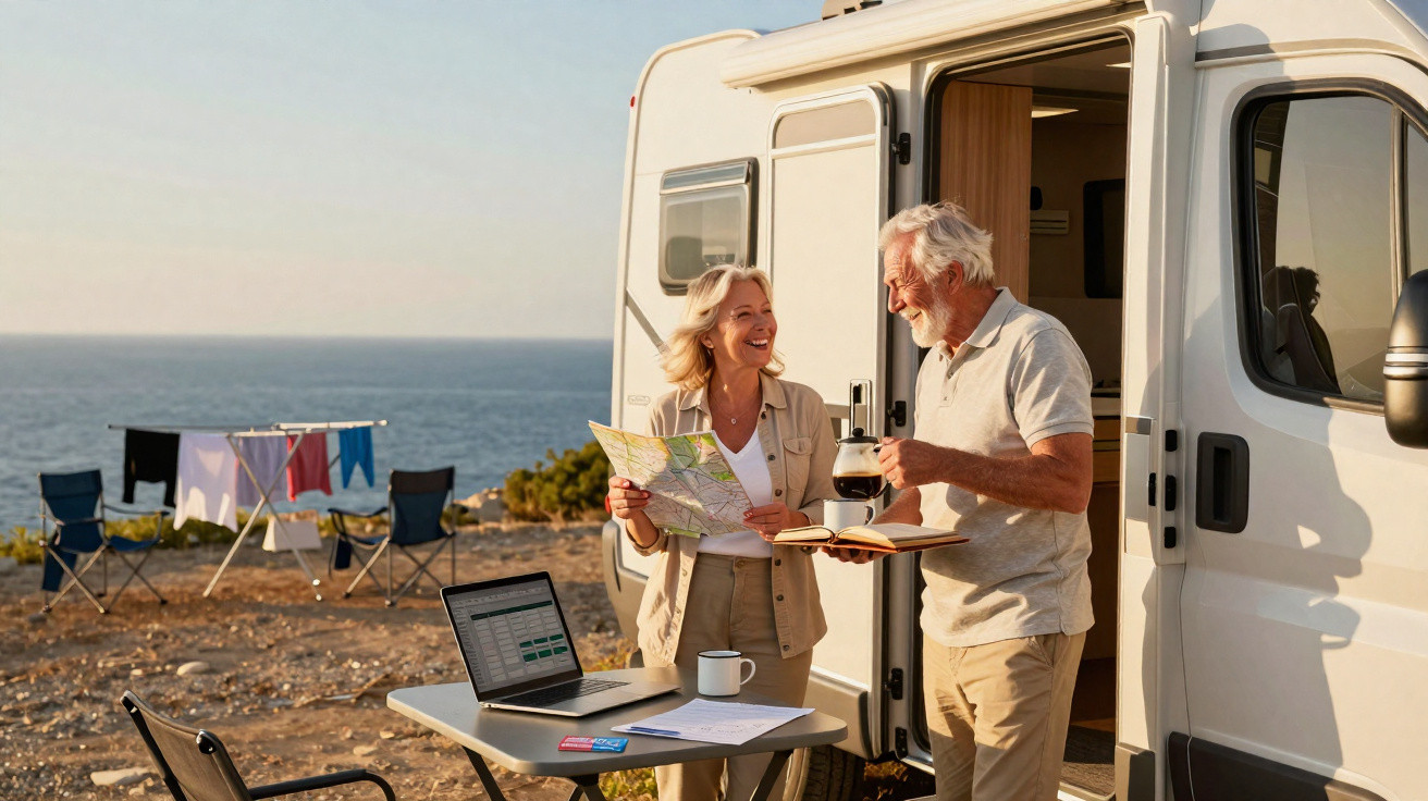 Casal sénior a sorrir junto a autocaravana, mapa e laptop numa paisagem costeira ao pôr do sol.