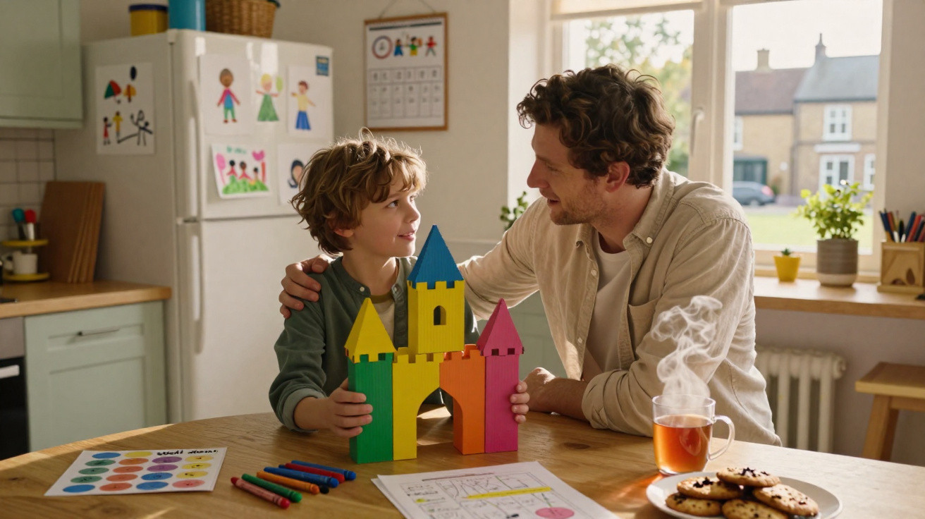 Pai e filho brincam com castelo de blocos coloridos na cozinha iluminada pela manhã.