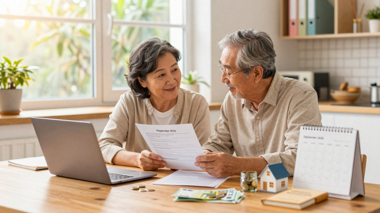 Casal sénior a revisar documentos financeiros em casa, com laptop, calendário e modelo de casa na mesa.