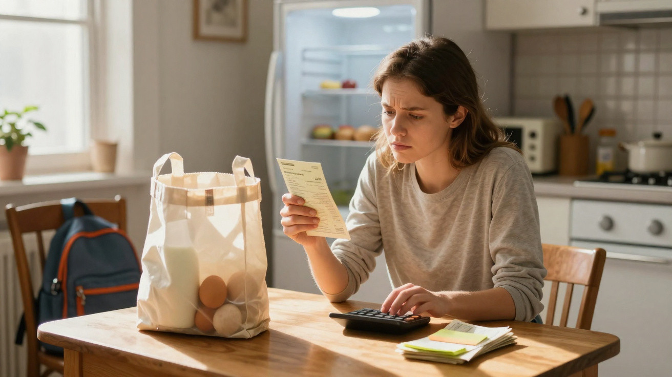 Mulher sentada à mesa na cozinha, a calcular despesas com calculadora e lista de compras.