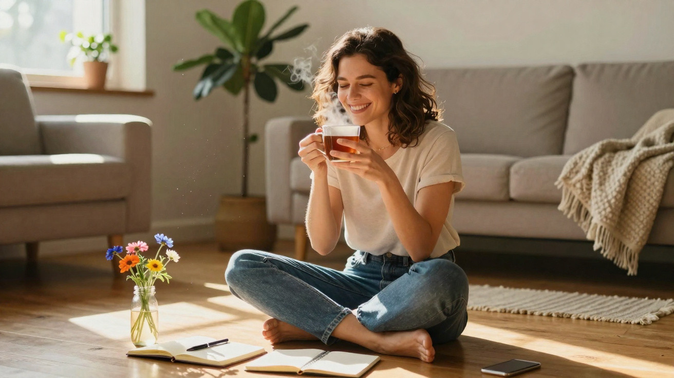 Mulher sentada no chão a sorrir, segurando uma chávena de chá quente, com livros e flores à frente.