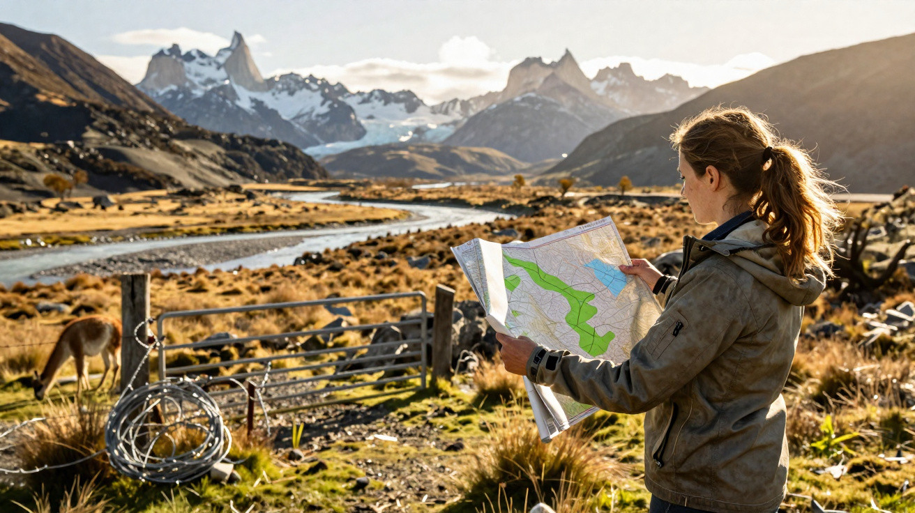 Mulher a consultar mapa numa paisagem montanhosa com rio, vegetação seca e animal ao longe.