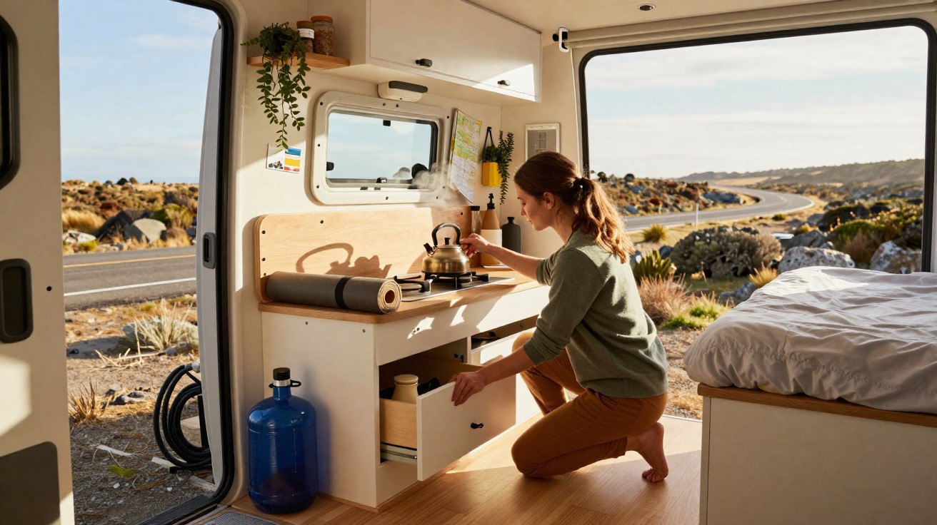 Mulher a cozinhar e abrir gaveta numa autocaravana estacionada junto a uma estrada em zona rural.