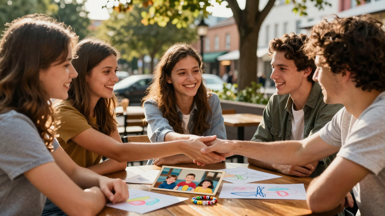 Grupo de jovens reunidos à mesa ao ar livre, sorrindo e dando um aperto de mão amigável.